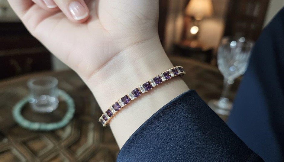 14k Rose Gold Filled Princess Cut -Purple, White Stones Tennis Bracelet