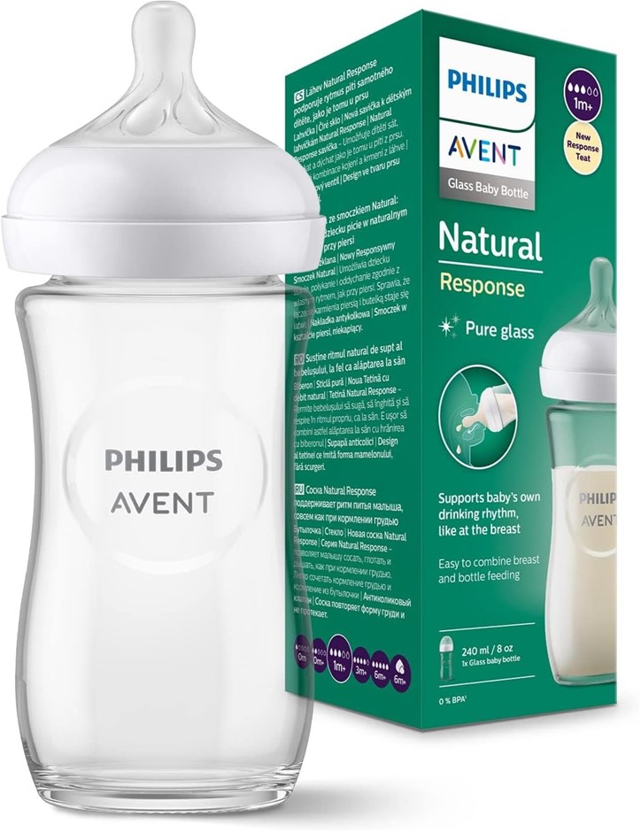 PHILIPS AVENT Natural Response Glass Baby Bottle, 240ml, 1-Pack, SCY933/01.