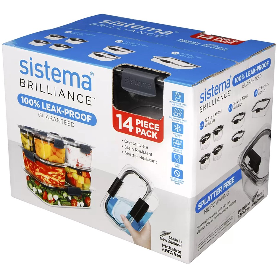 SISTEMA Brilliance Leak-Proof Food Storage 14 Piece Set. NB: 1x medium lid