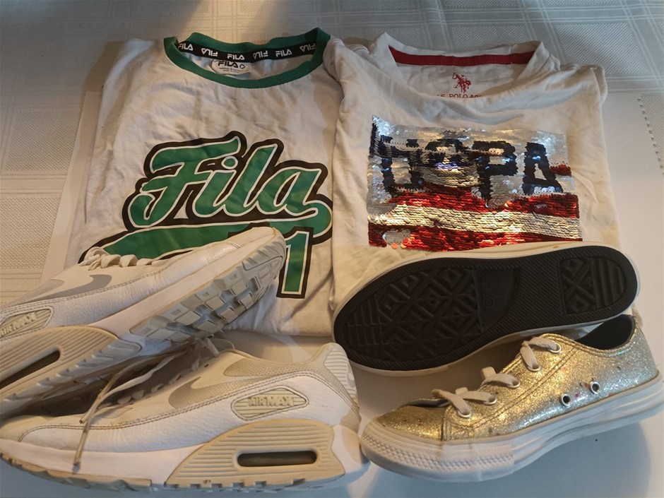 Nike Air Max 27cm, Converse All Star 24cm, FILA T-shirt 16 kids, US Polo 14