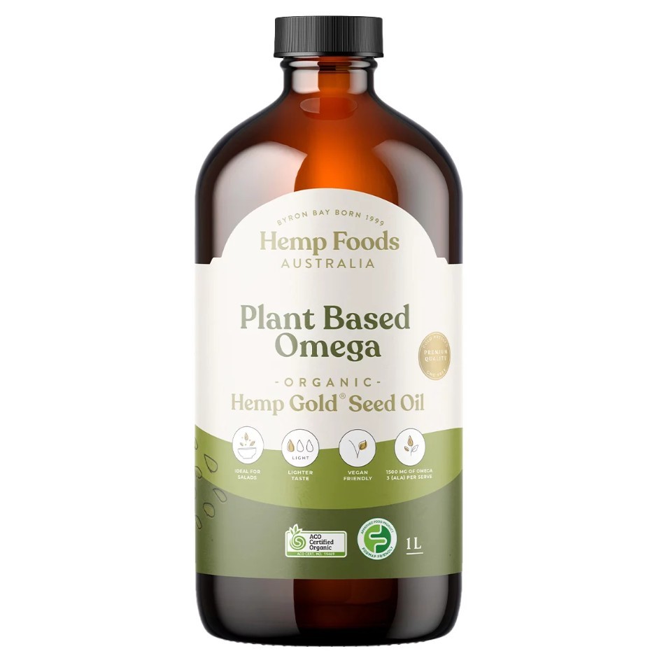 3 x HEMP FOODS AUSTRALIA Plant Based Omega Organic Hemp Gold Seed Oil, 1L.