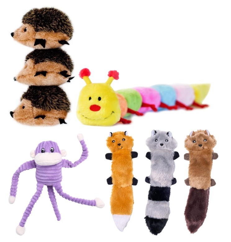 4 X ASSORTED ZIPPY PAWS TOYS, 1 X Zippy Paws 3 Pack Hedgehogs, 1 X Caterpil