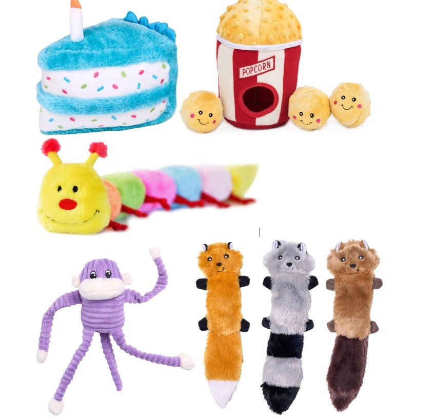5 X ASSORTED ZIPPYPAWS DOG TOYS; 1 X Blue Birthday Cake, 1 X Caterpillar,