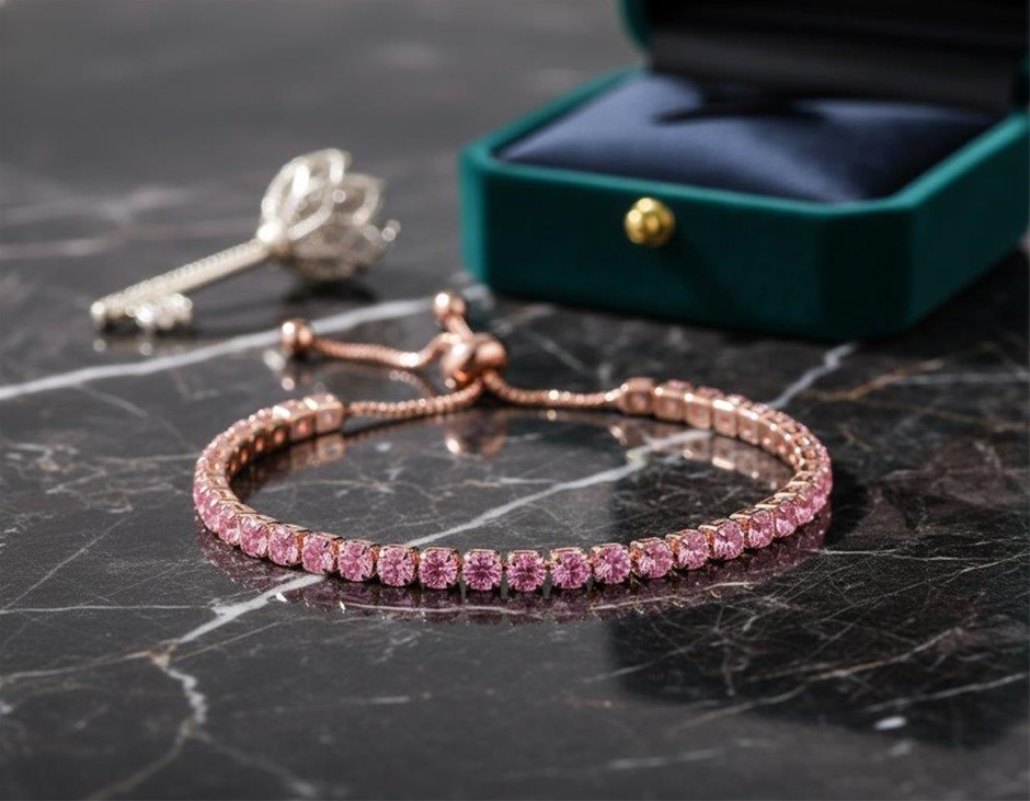 925 Sterling Silver Tennis Bracelet Sakura Pink Simulated Diamonds