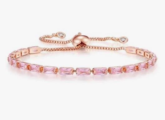 925 Sterling Silver Tennis Bracelet Pink Emerald Cut Simulated Diamonds