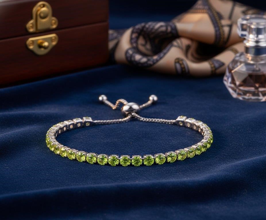 925 Sterling Silver Tennis Bracelet Light Green Simulated Diamonds