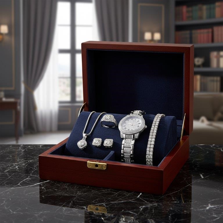 6-Piece Jewellery white Stones(Gift Box Included)-in 18k white Gold Plated