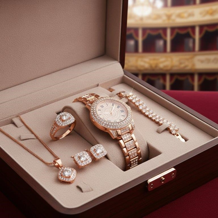 6-Piece Jewellery white Stones(Gift Box Included)-in 18k Rose Gold Plated