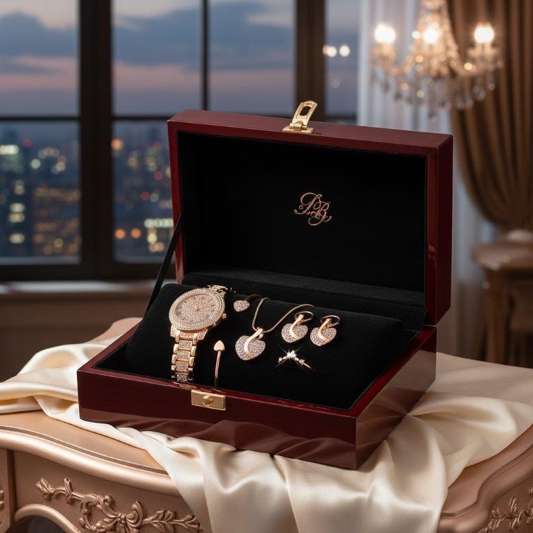 6-Piece Jewellery white Stones(Gift Box Included)-in 18k Rose Gold Plated