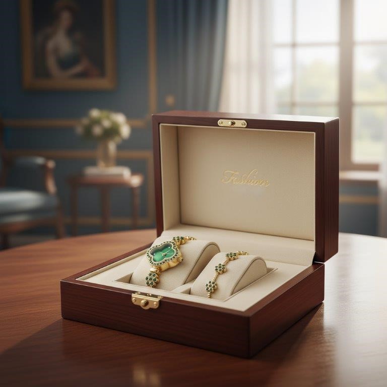 2Piece Jewellery Set.Watch, Bracelet green Stones(Gift Box Included)