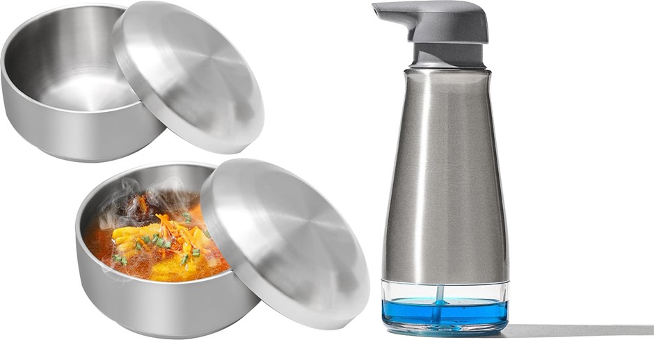 2 Piece Stainless Steel Rice Bowls Containers & OXO Good Grips Foaming Soap