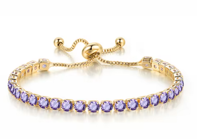 925 Sterling Silver Tennis Bracelet Purple Simulated Diamonds-adjustable