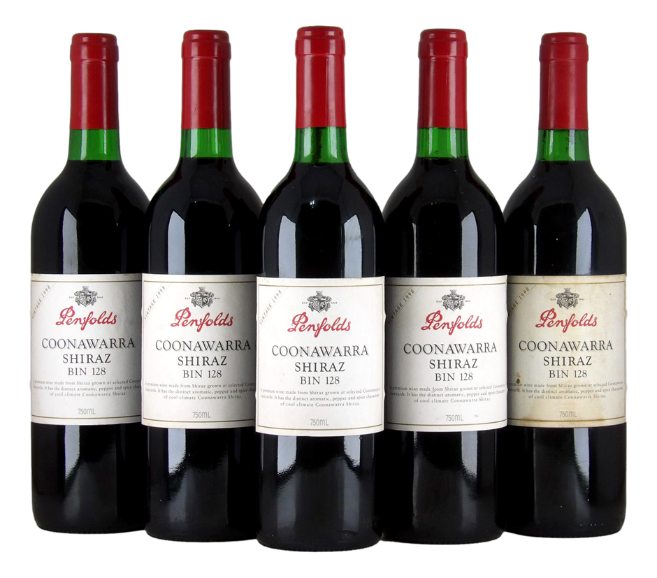 Penfolds Coonawarra Shiraz Bin 128 1998 (5x 750mL), SA.