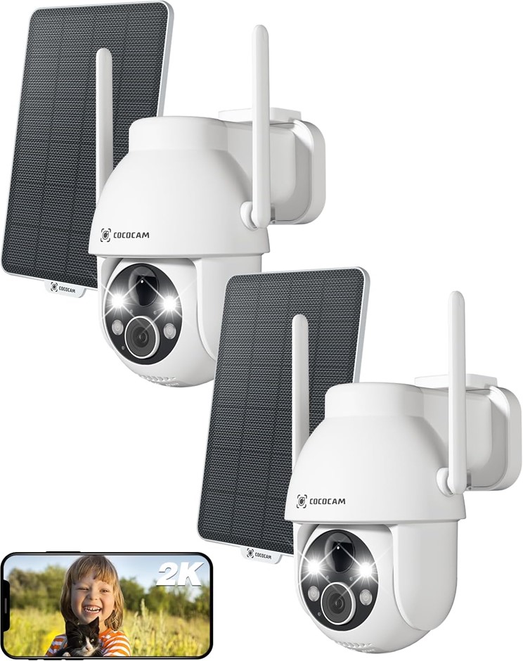 COCOCAM 2PCS Solar Camera Outdoor Wireless, 2K PTZ 2.4GHz Wi-Fi, Home Secur