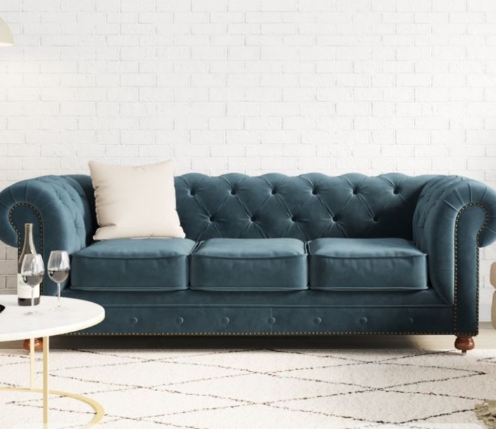 Notting Hill Velvet Chesterfield 3 Seater Sofa, Peacock Teal, 238x103x75cm