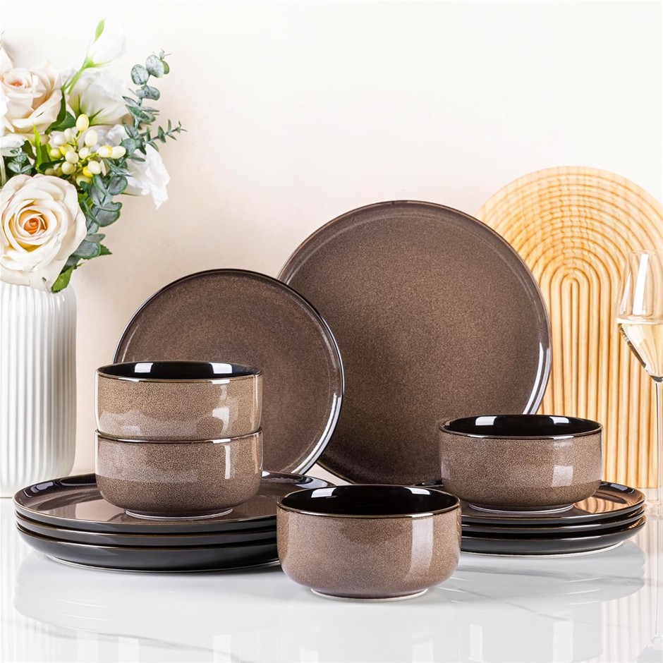 LERATIO Ceramic Dinnerware Set of 4, Poreclain Plates, Bowls, Handmade Reac
