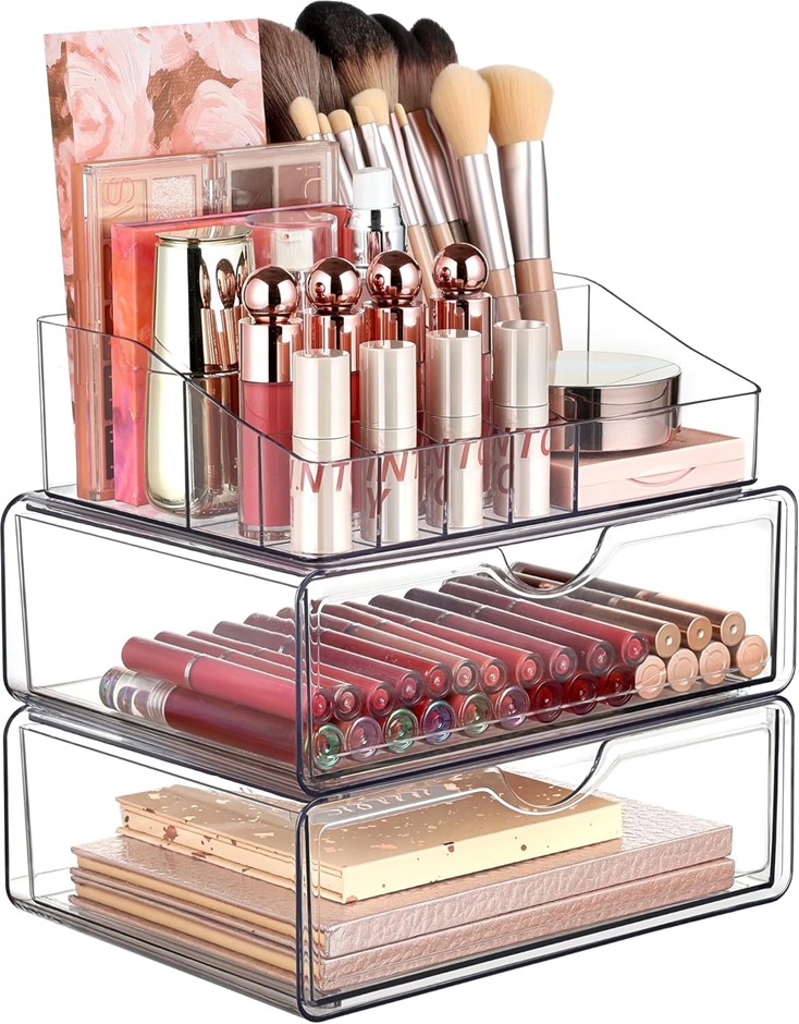 MOTYVA 3 Tier Clear Makeup Organizer with Drawer.