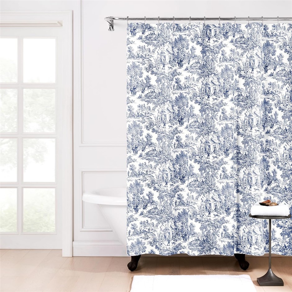 ELLIS CURTAINS Victoria Park Toile Bathroom Shower Curtain, Blue.