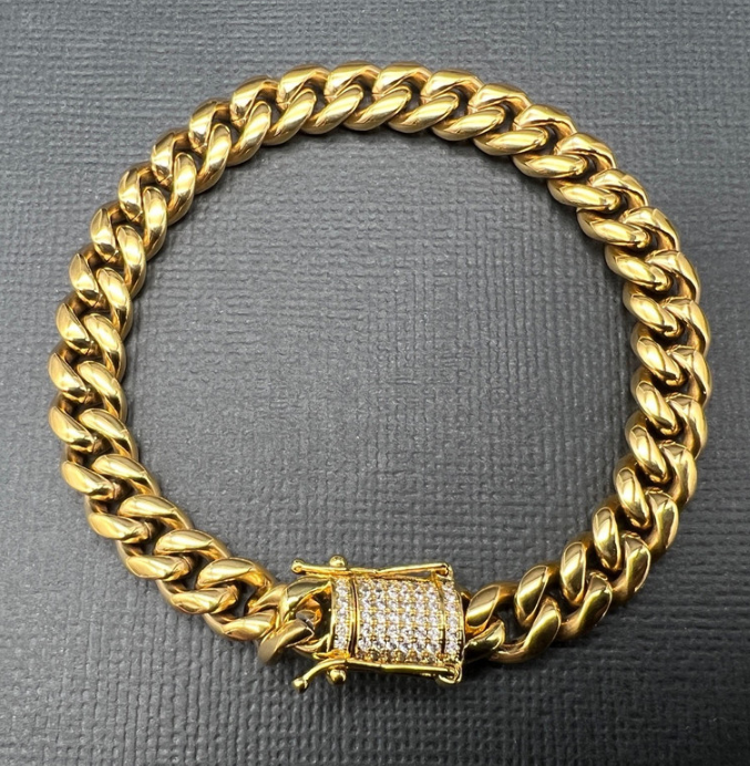 18K Gold-Filled Cuban Bracelet with Simulated Diamond Clasp, 8MM - 19cm