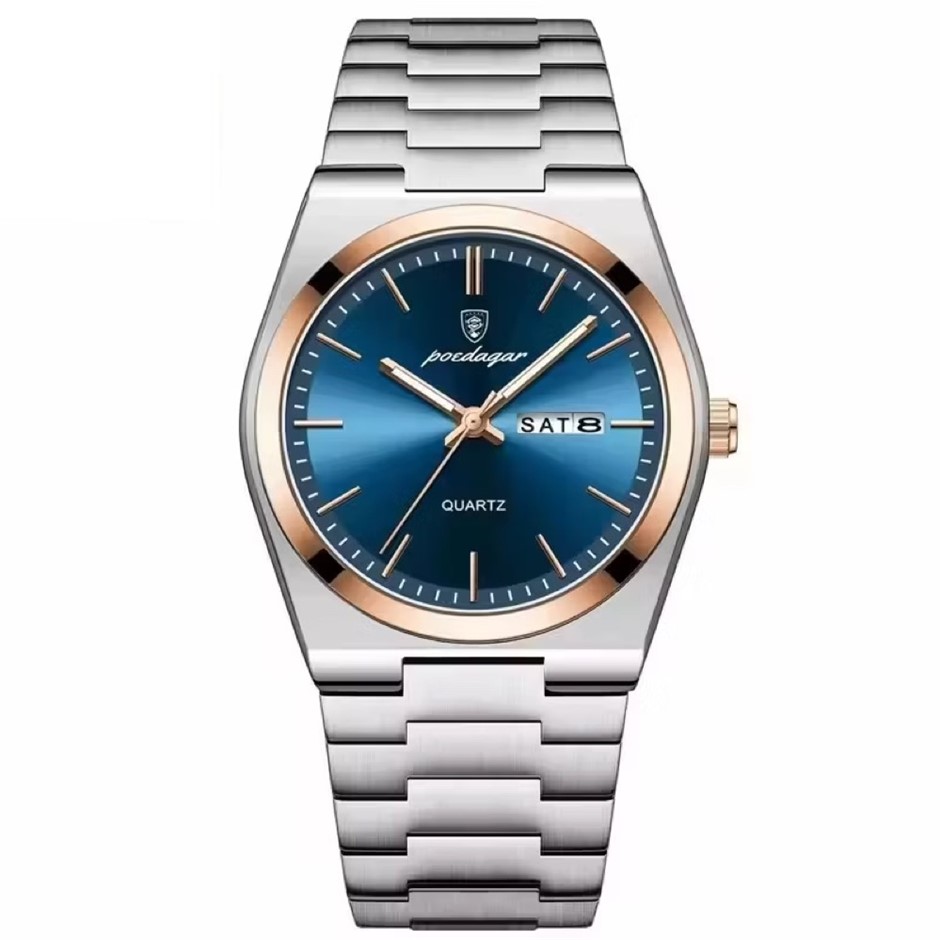 Luxury Quartz Watch Men, Calender with Strap, Silver/Rose Gold/Blue