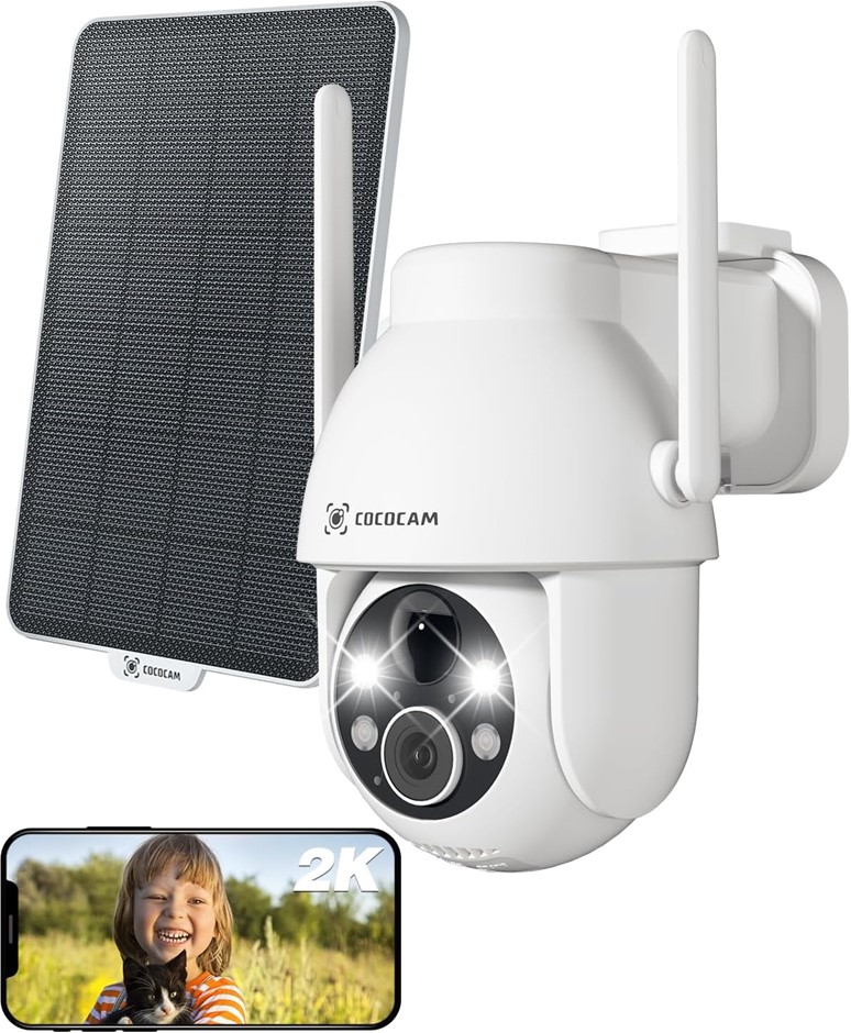 COCOCAM Solar Camera Outdoor Wireless, 2K PTZ 2.4GHz Wi-Fi, Home Security,