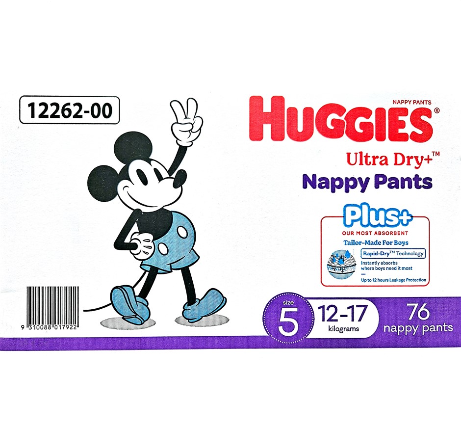 Box of 76pk HUGGIES Nappy Pants For Boys, Size 5, For 12-17kg. N.B: Damaged