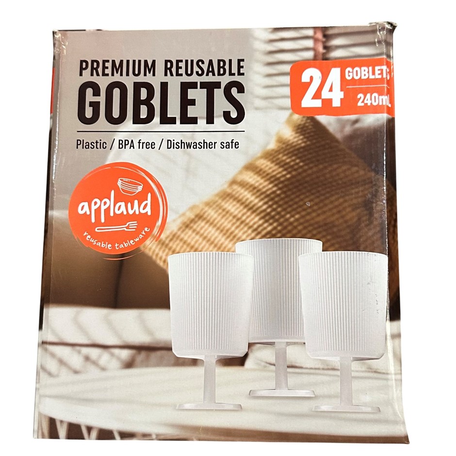 2 x Box of 24pc APPLAUD Wine Goblet Reusable, Clear Acrylic, 240ml. NB: Dam