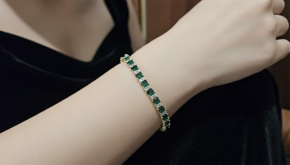 925 Sterling Silver Tennis Bracelet Green Simulated Diamonds-adjustable