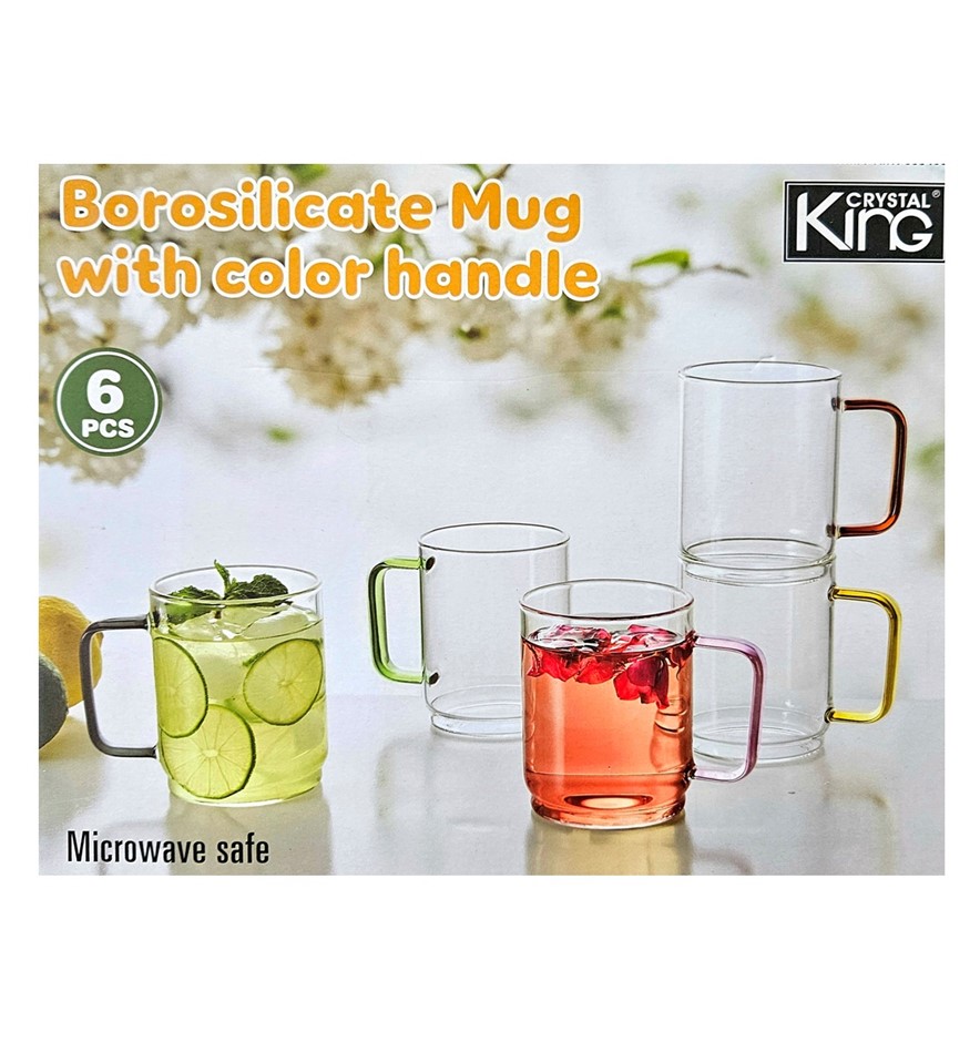 Box of 6pc CRYSTAL KING Borosilicate Mug w/ Colour Handle. N.B: 1 x mug is