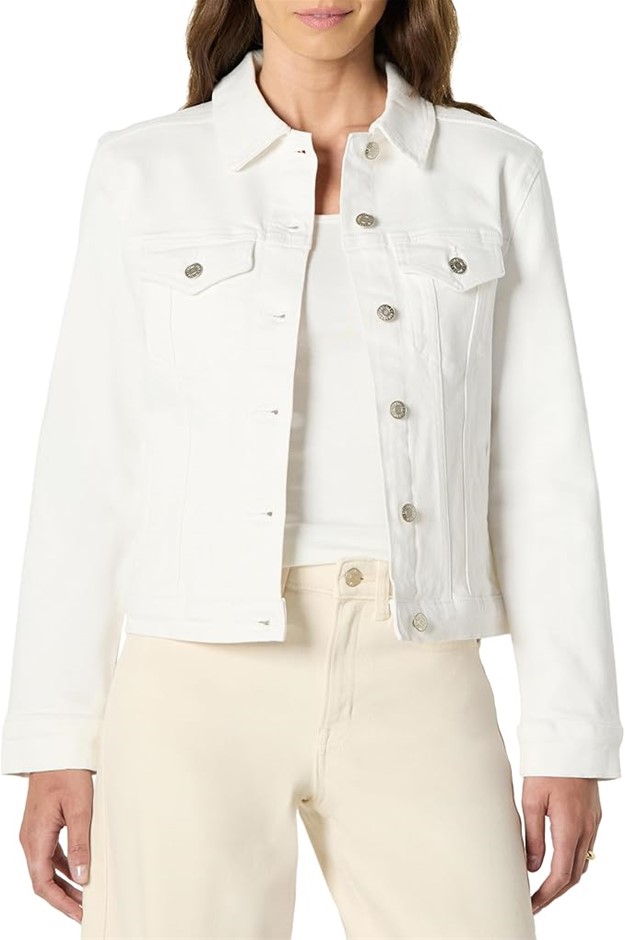 AMAZON ESSENTIALS Women's Low Stretch Denim Jacket, Size XS, White, AEWM474