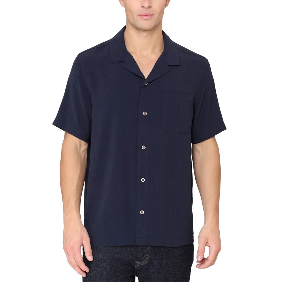 IKE BEHAR Men's Camp Collar Shirt, Size S, Navy. Buyers Note - Discount Fr