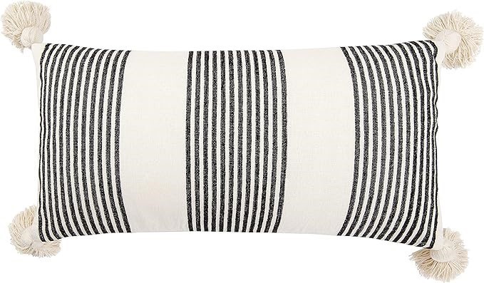 Creative Co-Op Cotton & Chenille Vertical Black Stripes, Tassels & Solid Cr