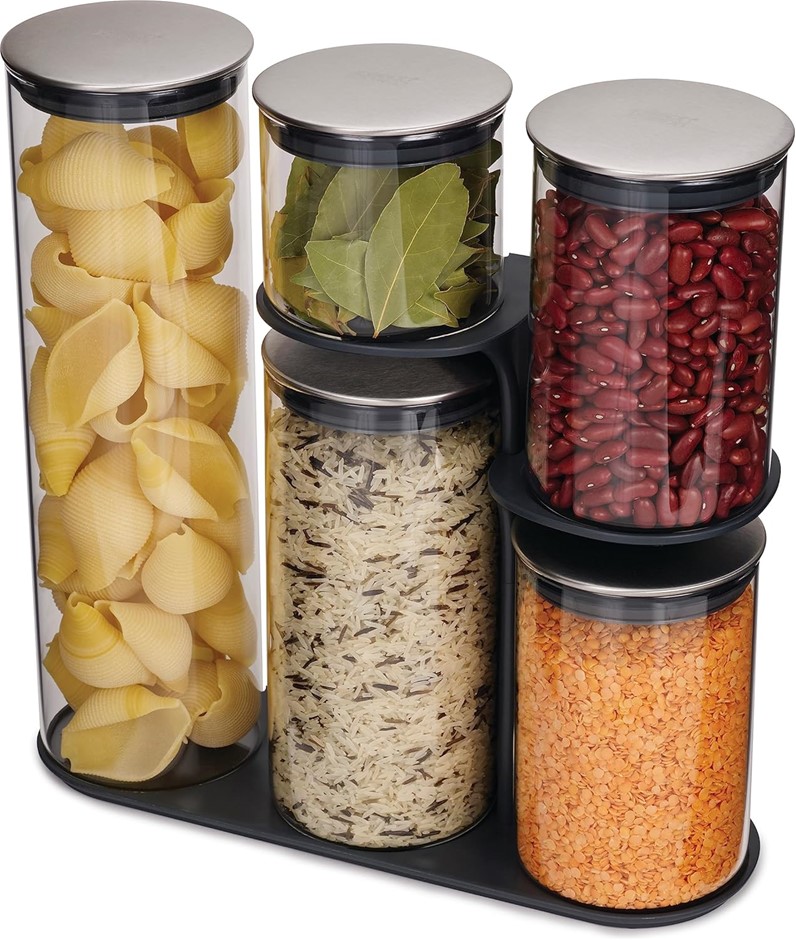 JOSEPH JOSEPH Podium 100 5-Piece Glass Storage Jar Set With Stand.