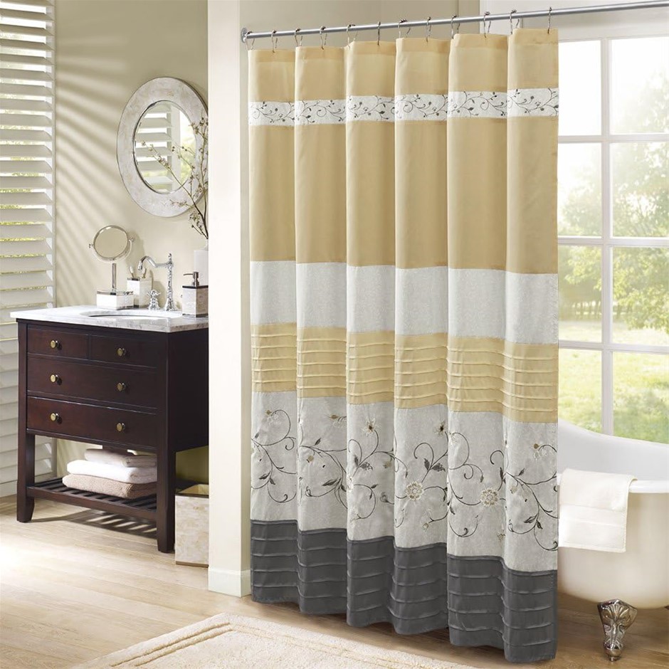 MADISON PARK Serene Flora Fabric Shower Curtain, Embroidered Transitional S