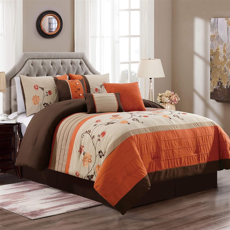 Serene 7-Piece Luxury Autumn Floral Embroidery Comforter Set, California Ki