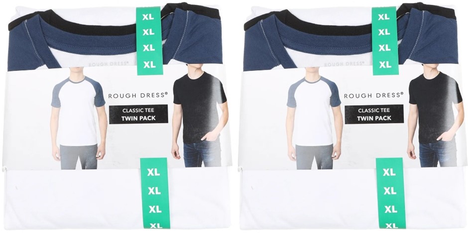 2 x ROUGH DRESS Men's Classic Tee Twin Pack, Size XL, 100% Cotton, Black &