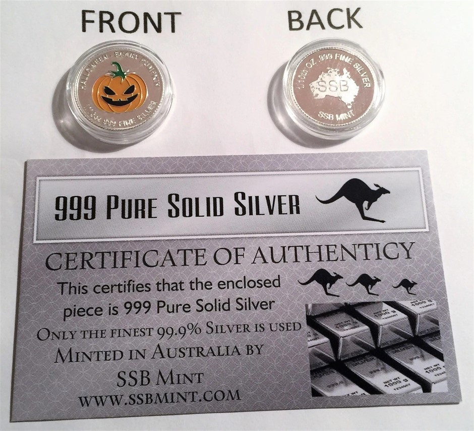 Halloween SCARY PUMPKIN 1/10th OZ (Approx) 999 Pure Silver Coin w/ C.O.A