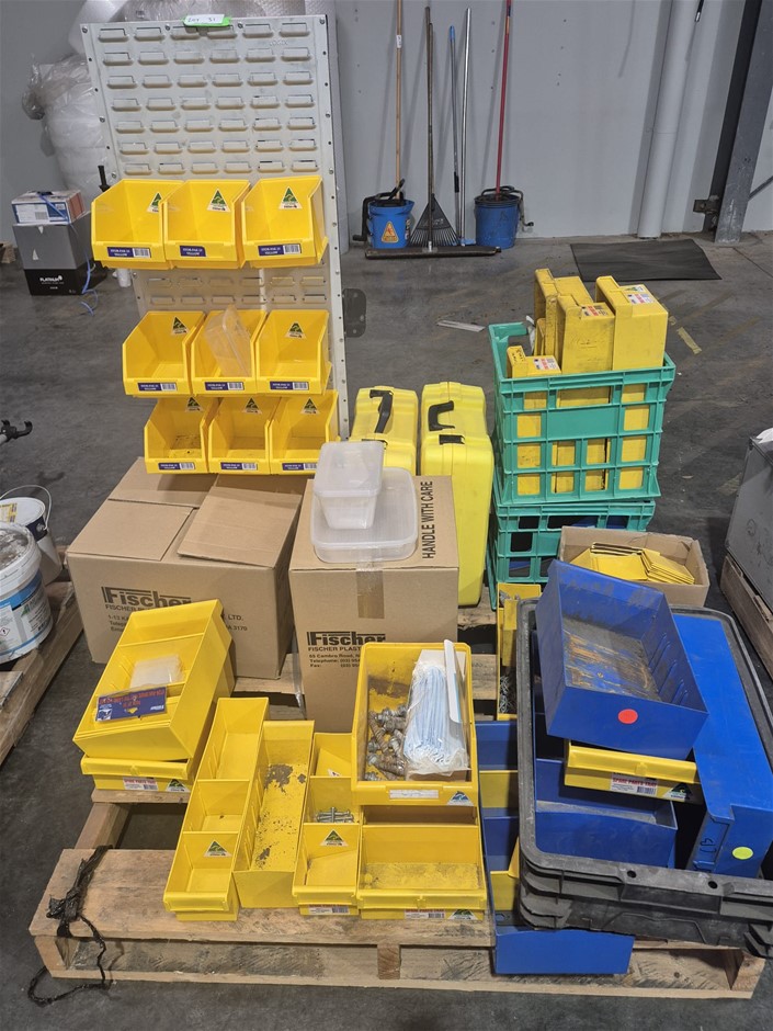 1 Pallet Of Fischer Parts Boxes Including 2 Boxes New Bins And Rack