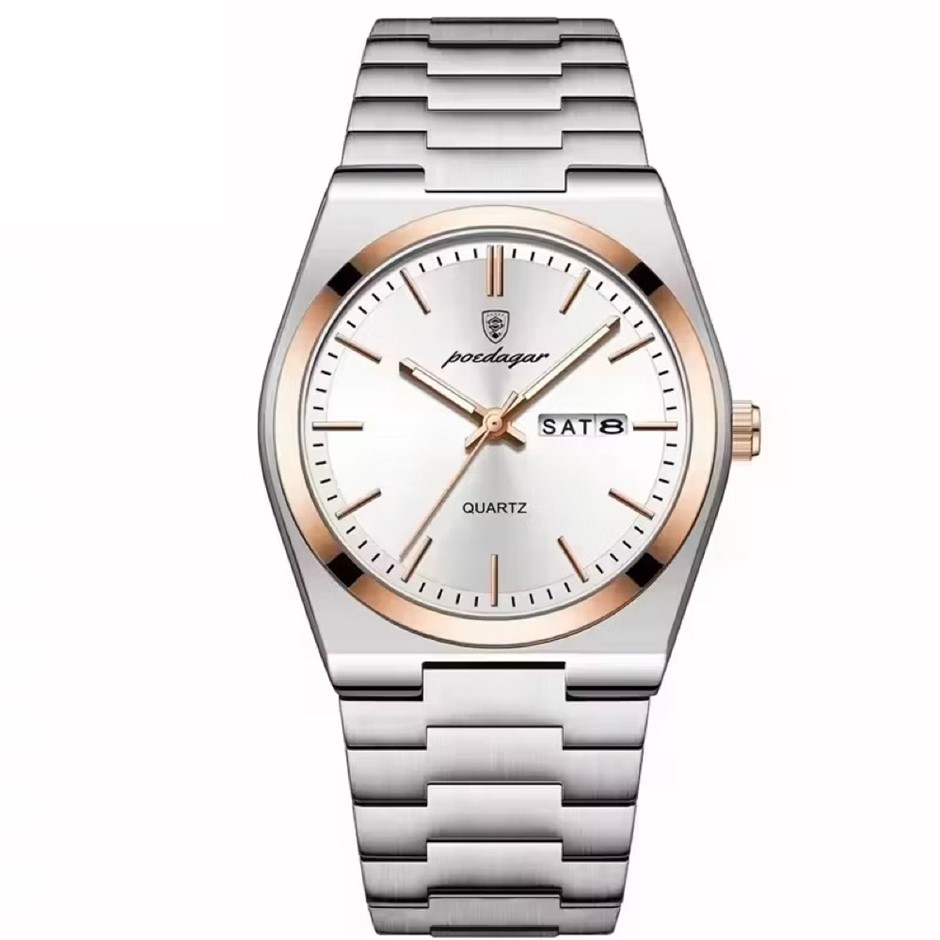 Luxury Quartz Watch Men, Calender with Strap, Silver/Rose Gold