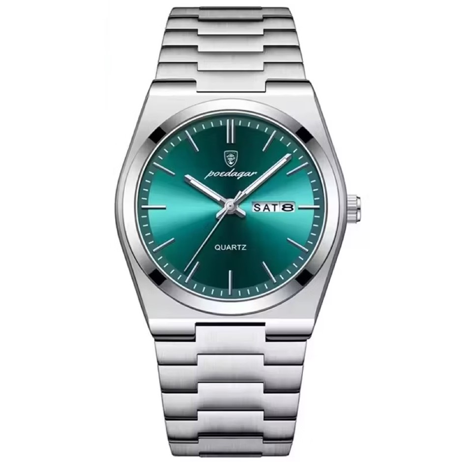 Luxury Quartz Watch Men, Calender with Stainless Steel Strap, Silver/Green