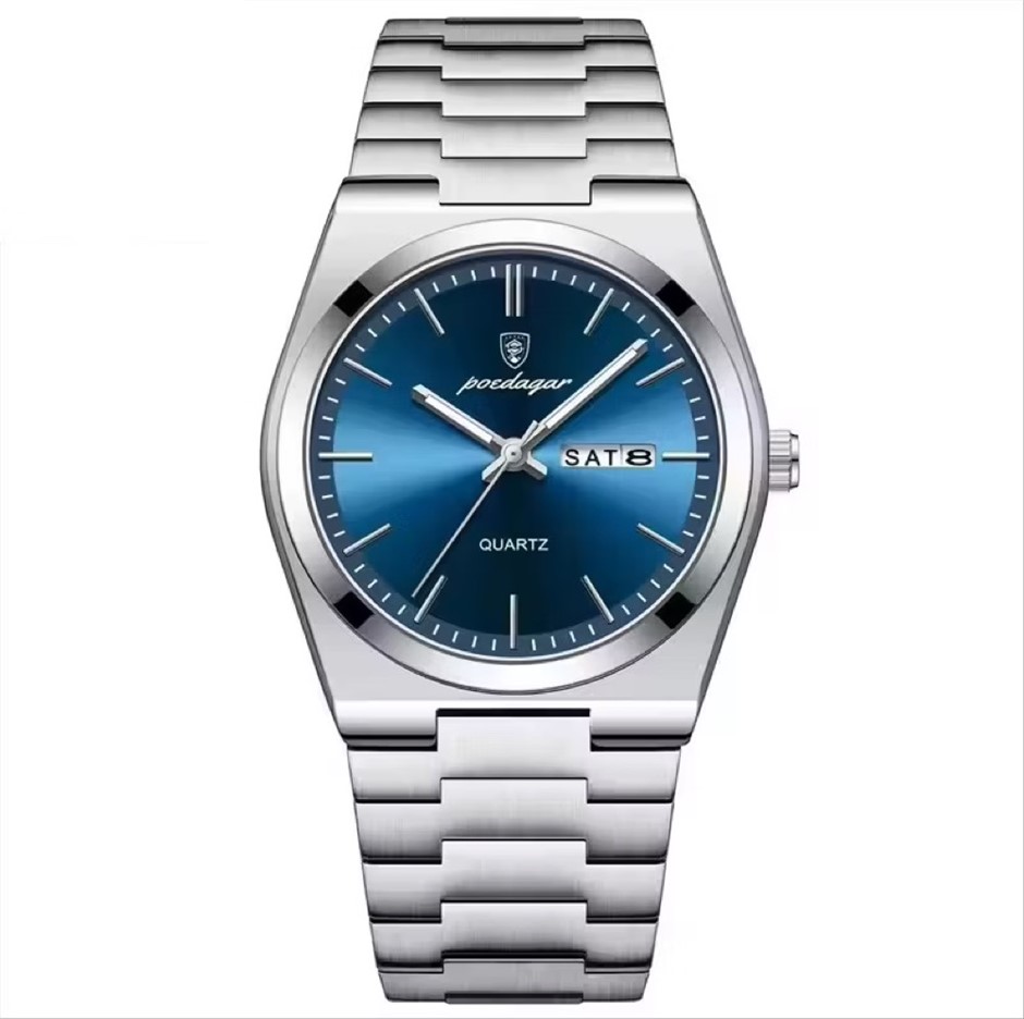 Luxury Quartz Watch Men, Calender with Stainless Steel Strap, Silver/Blue