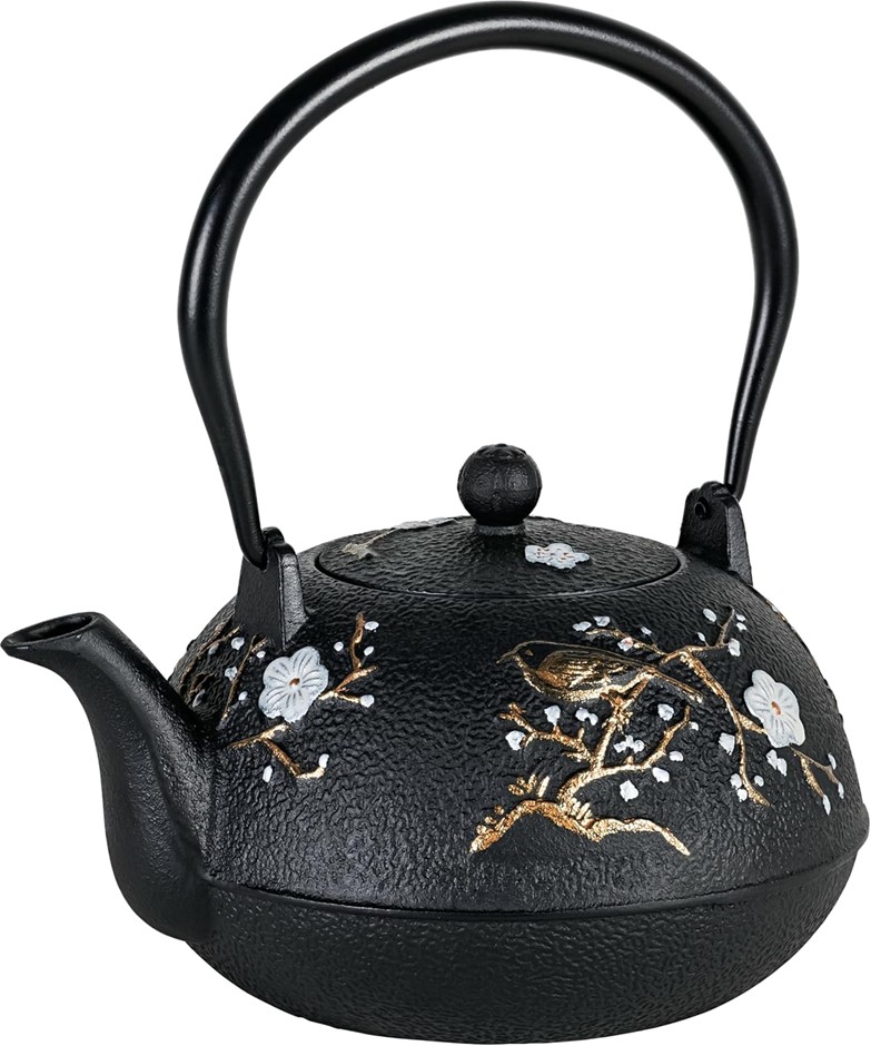 AVANTI Cherry Blossom Cast Iron Teapot, Black, 1.1 Litre with Stainless Ste