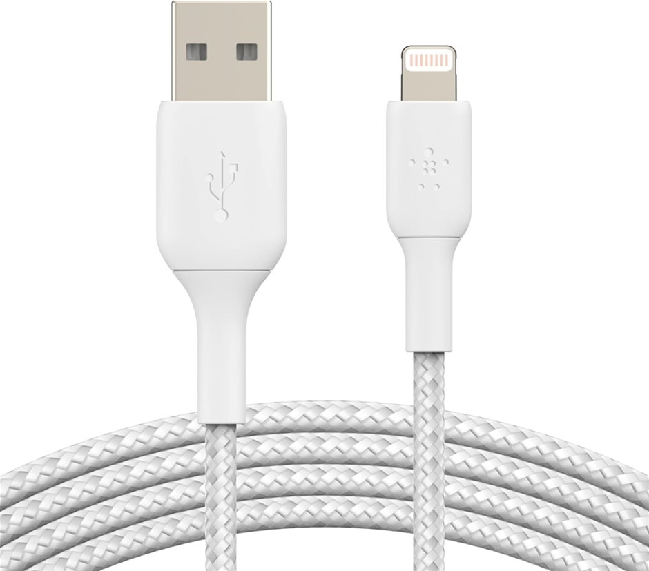 2 x BELKIN Boost Charge Braided Lightning To USB-A Cable, 2M, White, CAA002
