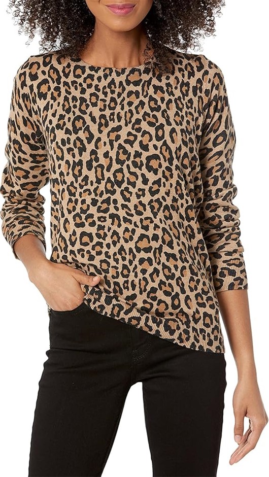 AMAZON ESSENTIALS Women's Crewneck Sweater, Size L, Animal Print Camel Heat