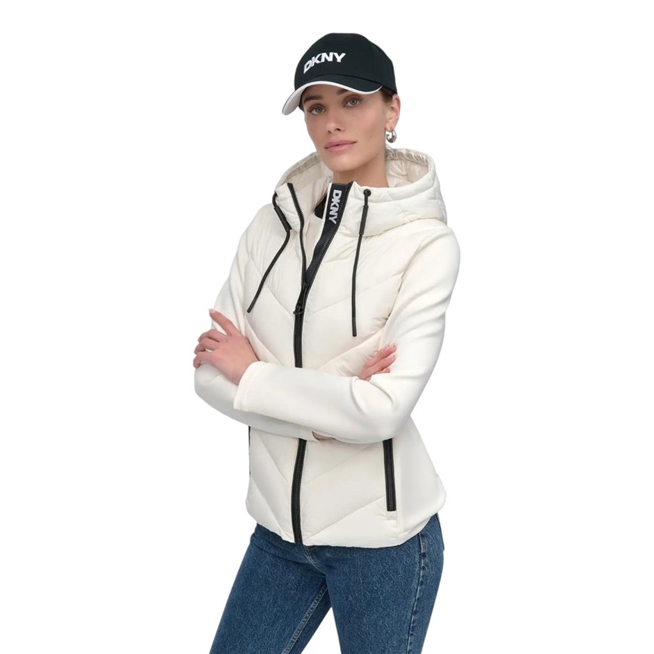 DKNY Women's Mixed Media Jacket, Size L, Pearl.