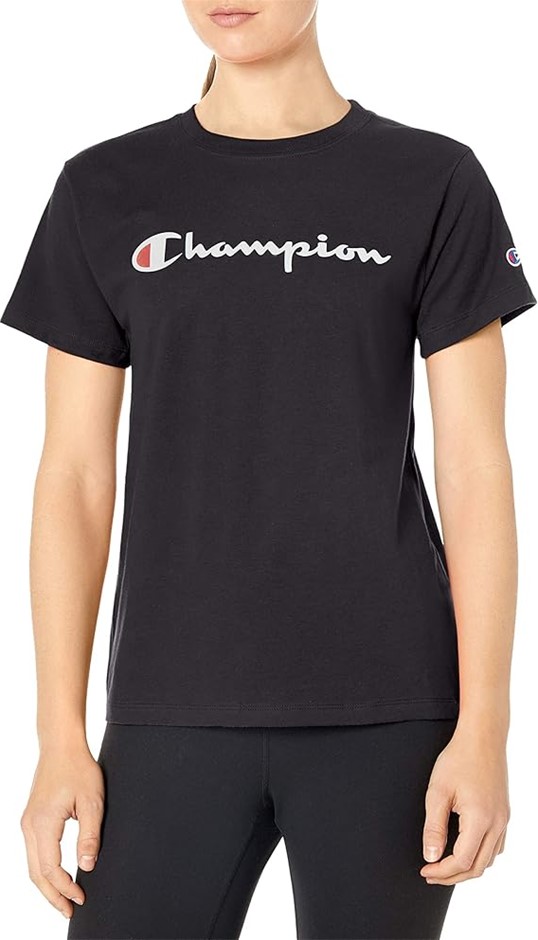 2 x CHAMPION Women's Classic Tee, Screen Print Script T Shirt, Size XL, Bla