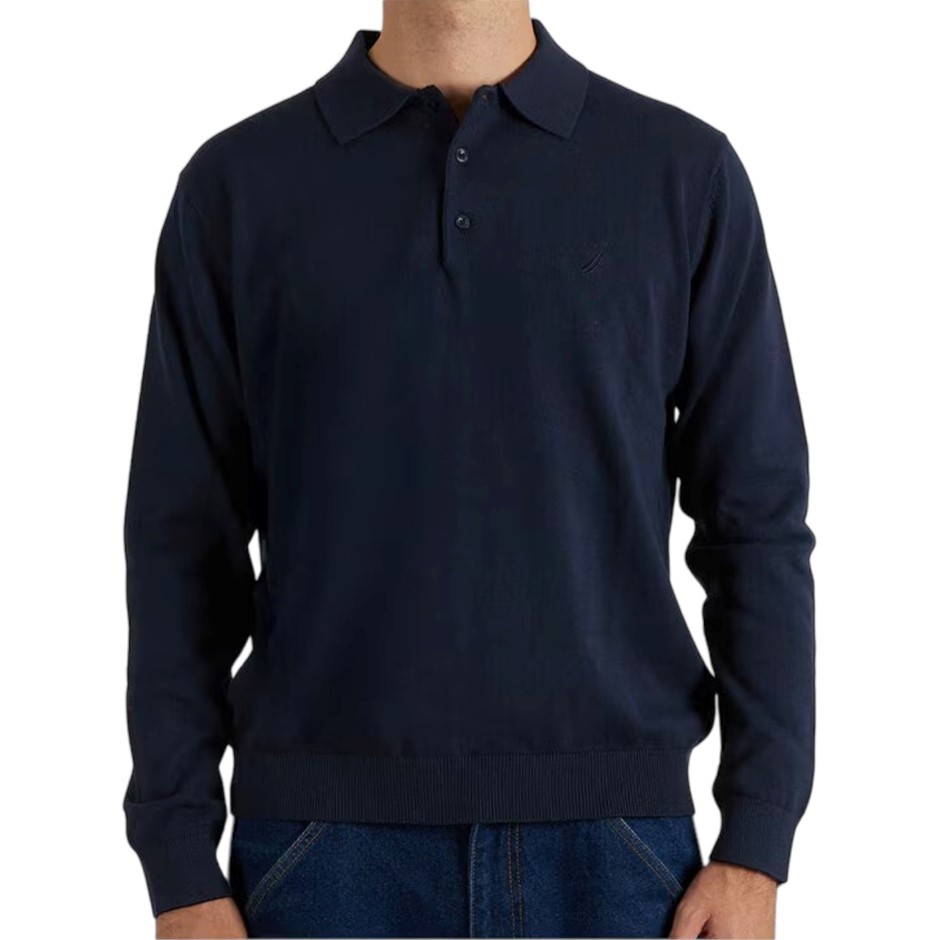 NAUTICA Men's Long Sleeve Knit Polo, Size L, 100% Cotton, Navy.