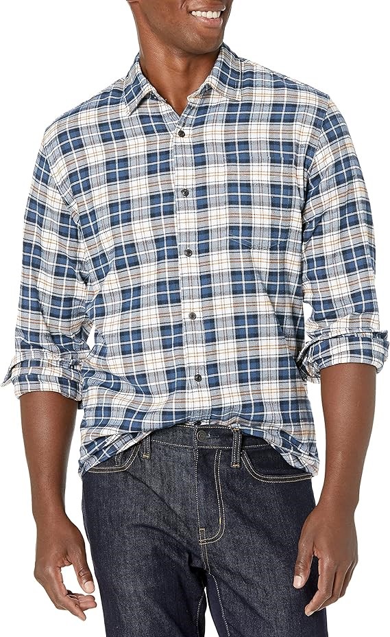 AMAZON ESSENTIALS Men's Long-Sleeve Plaid Flannel Shirt, Size M, Blue/White