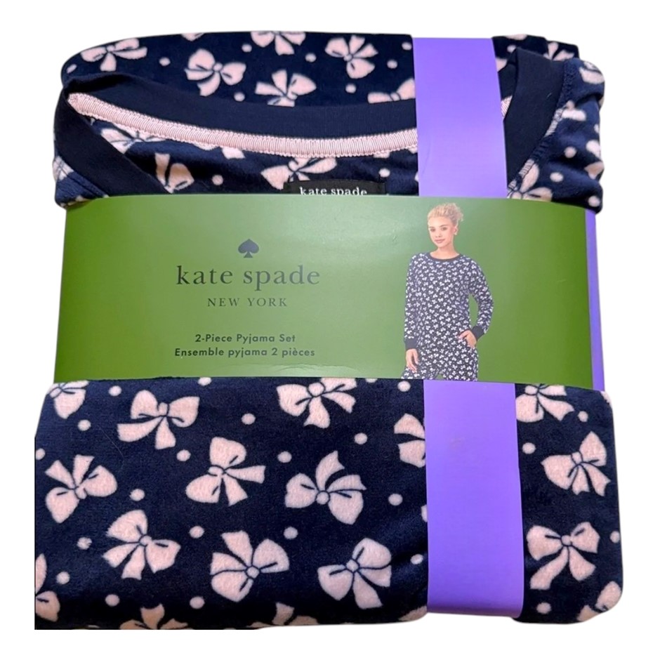 KATE SPADE Women's 2pc Velour Long PJ Set, Size M, Navy/Ribbons.