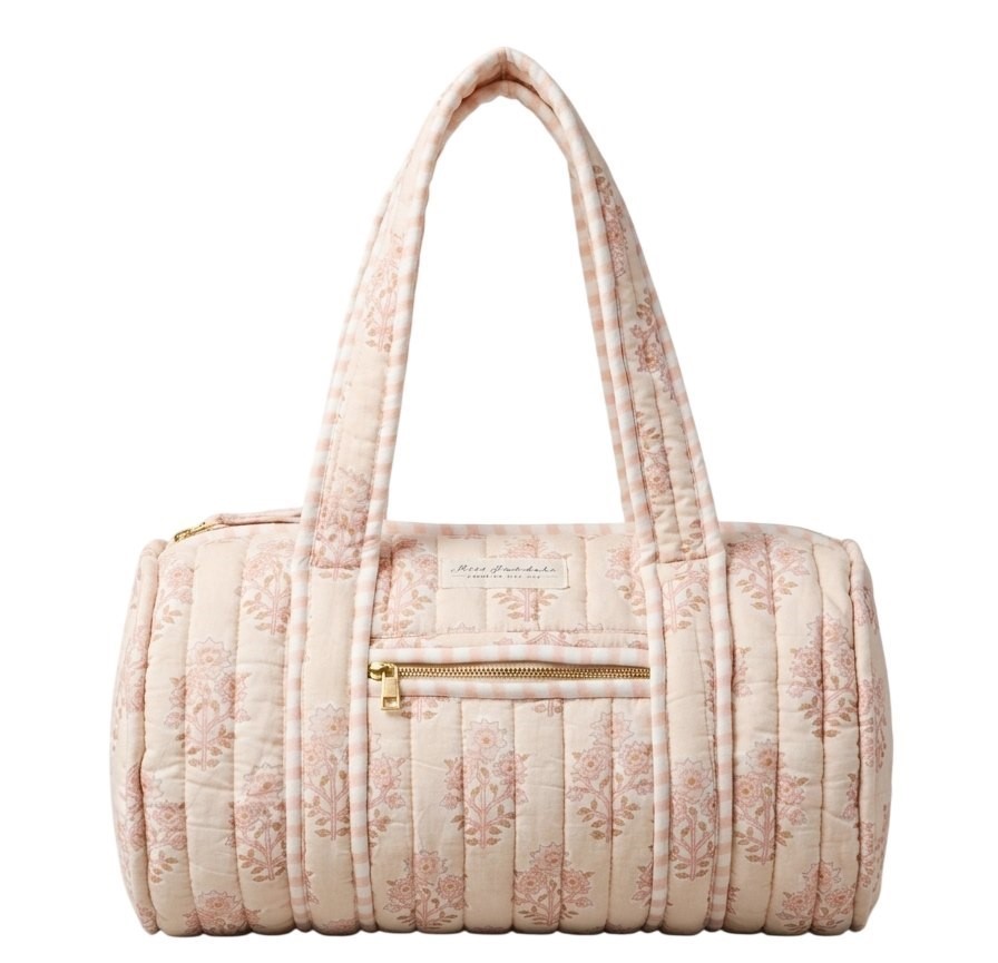 MISS SUNDARA Block Print Weekender Organic Cotton Bowling Bag, Peach